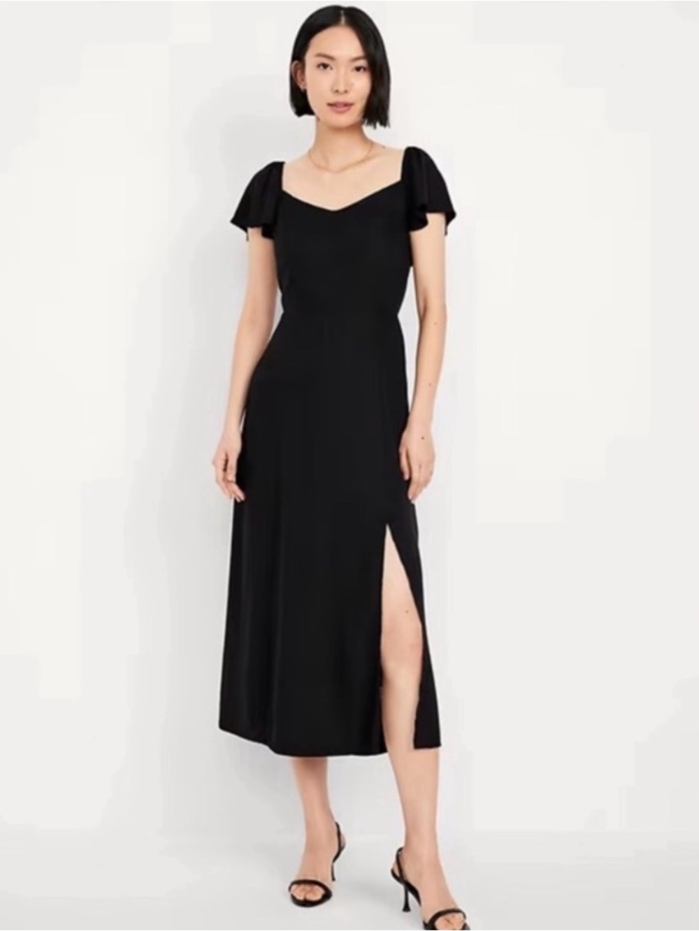 Black Midi Dress with Flutter Sleeves and Side Slit